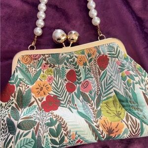 Floral Print Women's Bag with Pearl Handle